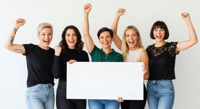 Five diverse women stand together, holding a blank white sign, cheering with raised fists in a display of unity and empowerment.
