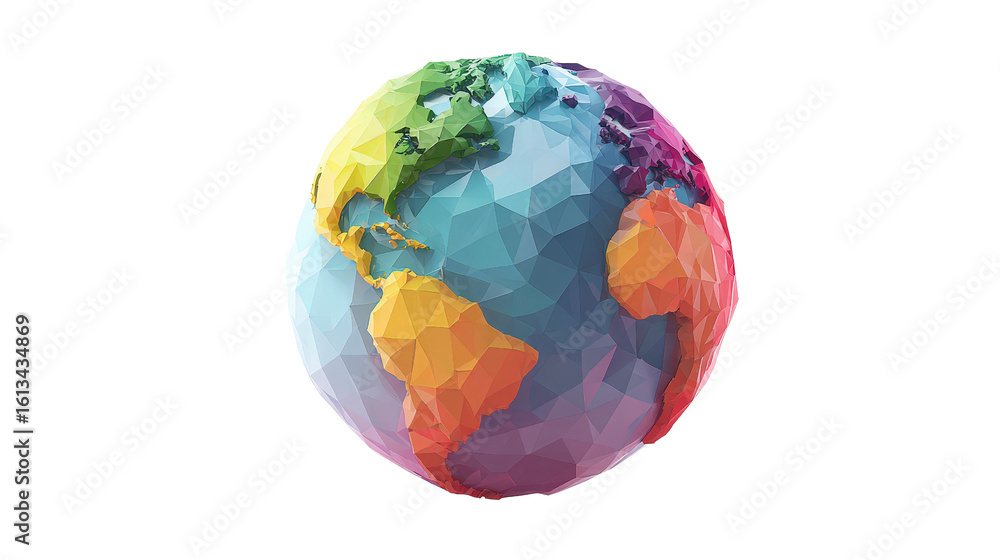 Poster abstract low-poly 3d earth model with vibrant colors, background isolated on a transparent backgroun