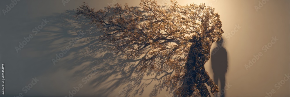 Poster growth personified in a tree shadow representing inner development and freedom on one side, casting 