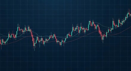 Financial stock market chart with candlestick graph. Investment and trading concept for business and finance on a blue background.