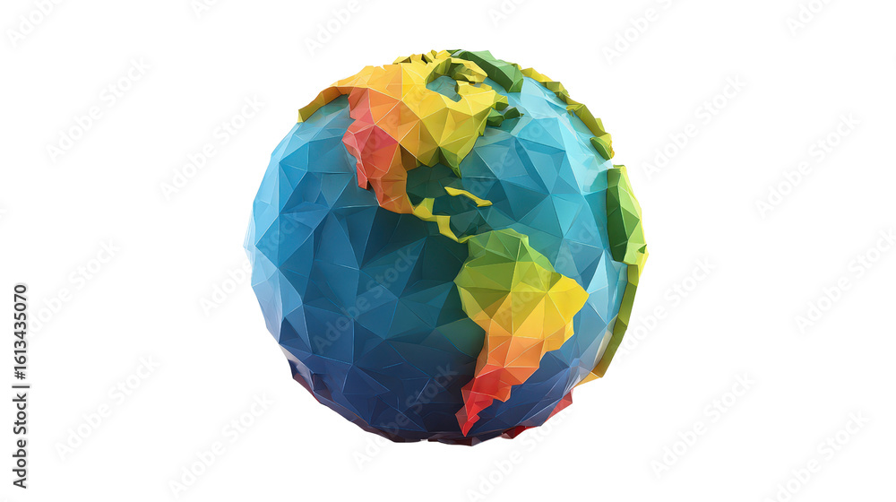 Poster abstract low-poly 3d earth model with vibrant colors, background isolated on a transparent backgroun