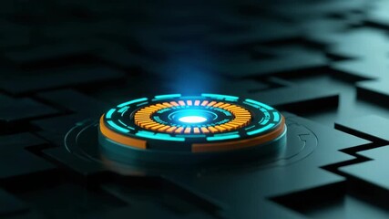 A futuristic glowing circular interface element sits on a dark textured surface showcasing intricate patterns and vibrant colors ideal for technology-themed backgrounds and digital designs - Powered by Adobe