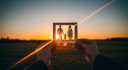Family Silhouette in Sunset with Frame and Hands in Outdoors