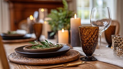 Fototapeta premium Elegant Dining Table Setup with Candles and Glassware