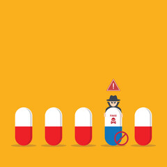 Fake medicine. Pill and tablet with criminal selling illegal drugs. Fake drugs, pharmaceutical. Symbolic for harmful counterfeit pills, risk and danger of illegal produced and sold pharmaceuticals.