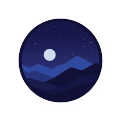 Minimalist Mountain Night Circle Icon with Moon and Stars