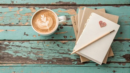 Cozy morning with coffee and a notebook on a rustic wooden table
