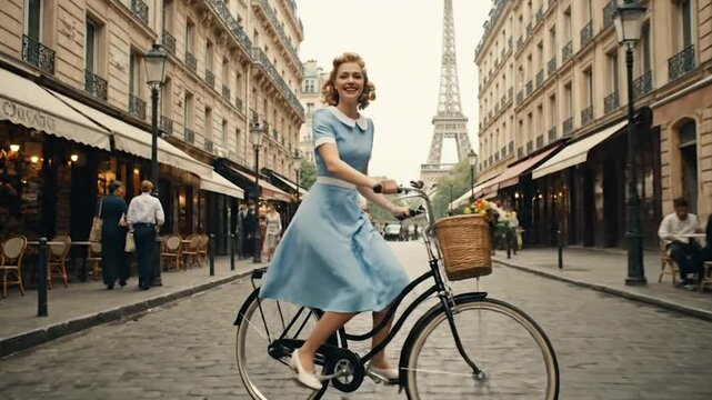 A woman in a light blue dress joyfully cycles through a Parisian street, the Eiffel Tower visible in the background.