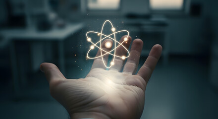 Hand Holding Glowing Atomic Structure in Dark Laboratory Setting