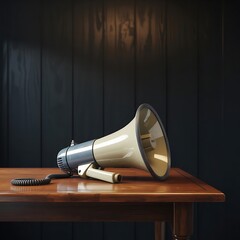 A megaphone rests on a wooden table, its coiled cord hinting at urgent messages ready to be amplified to the world