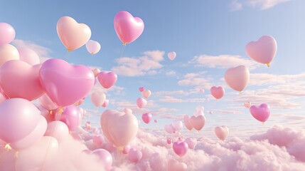 Many heart-shaped balloons are floating in the soft sky, and love is in the air