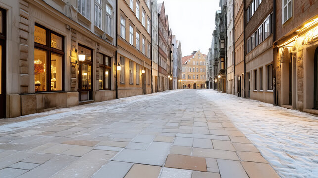 Snowy European City Street Scene