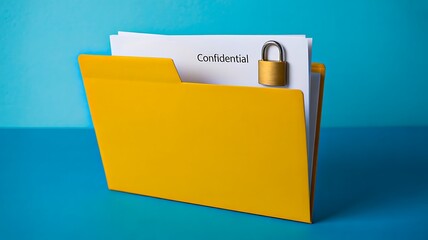 Yellow folder with confidential document and lock on blue background