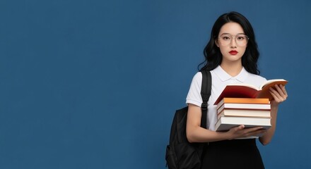 Obraz premium A focused young Asian woman student wearing glasses, holding a stack of books and reading one, with a backpack on a blue background.