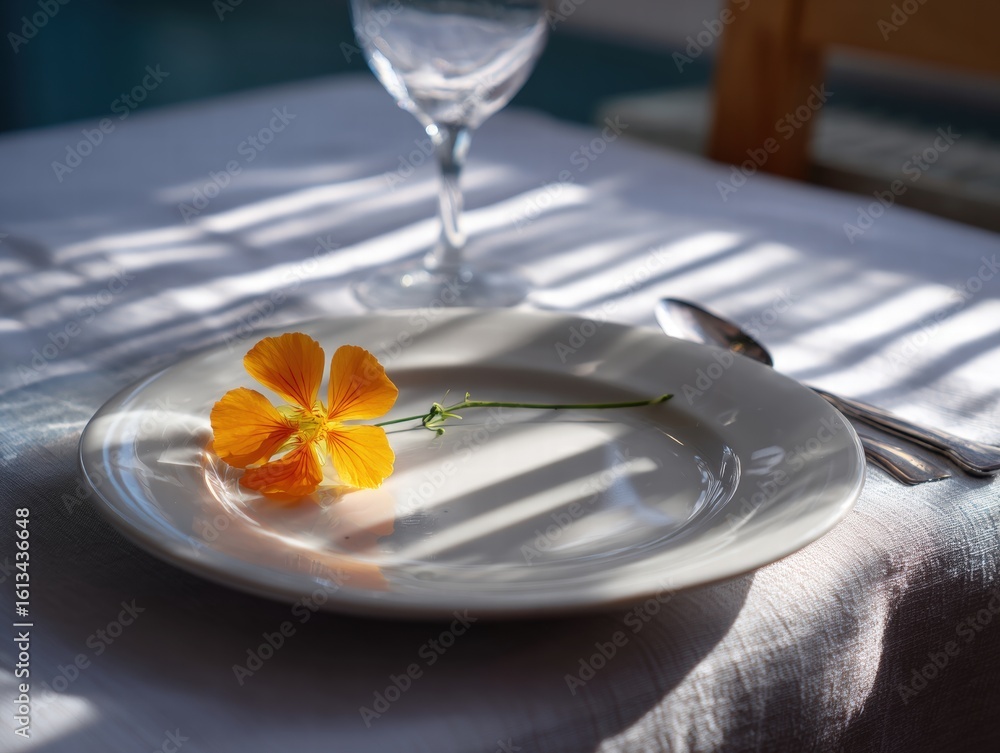 Poster an elegant, sunlit table setting featuring a flower. the scene evokes a sense of simplicity and tran