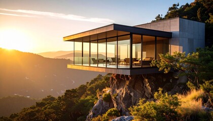 Stunning modern glass house, an architectural marvel cantilevered over a mountain cliff during a dramatic golden hour sunset.

