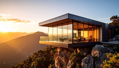 Stunning modern glass house, an architectural marvel cantilevered over a mountain cliff during a dramatic golden hour sunset.

