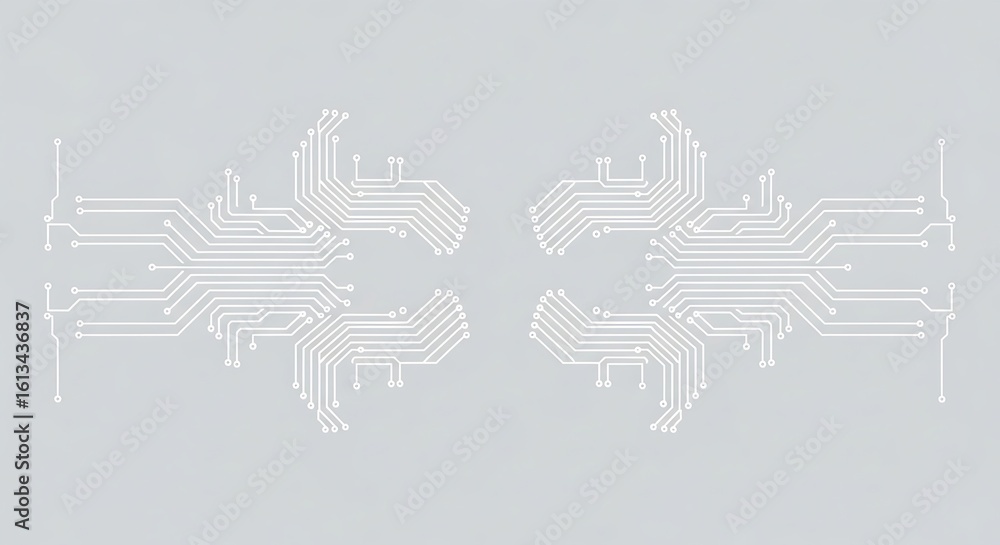 Poster symmetrical white printed circuit board pattern on a light gray background, representing future tech