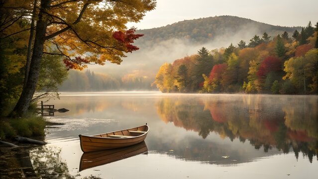 Serene autumn lake with canoe and misty mountains