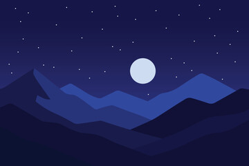 Minimalist Mountain Night Landscape with Moon and Stars