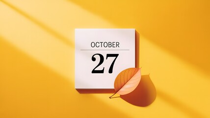 October 27 calendar page with an autumn leaf on a warm yellow background