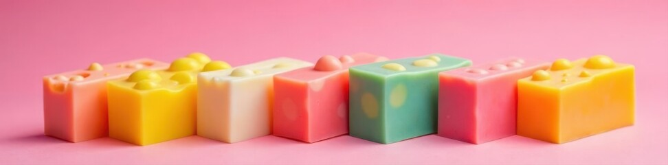Vibrant soap bars, diverse shapes, pink backdrop, artisan, pink