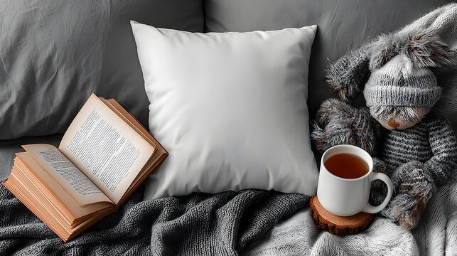 Cozy reading nook with warm beverage and stuffed animal.