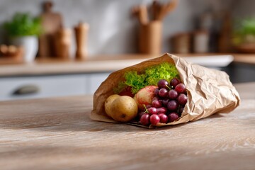 Paper bag of fresh fruits and vegetables on wooden table in home kitchen