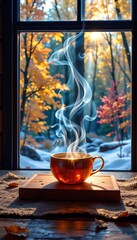 Steam rising from a tea cup cozy cabin beverage photography autumn nature warm light digital art concept