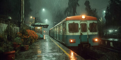 Obraz premium Abandoned Train Station in Stormy Rain, Old Train at Wet Platform, Moody Night Scene