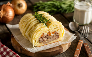 National dishes of Belarus-Potato babka. Potatoes are grated, fried lard (cracklings), meat, onion, salt, pepper, a little sour cream to soften the taste and