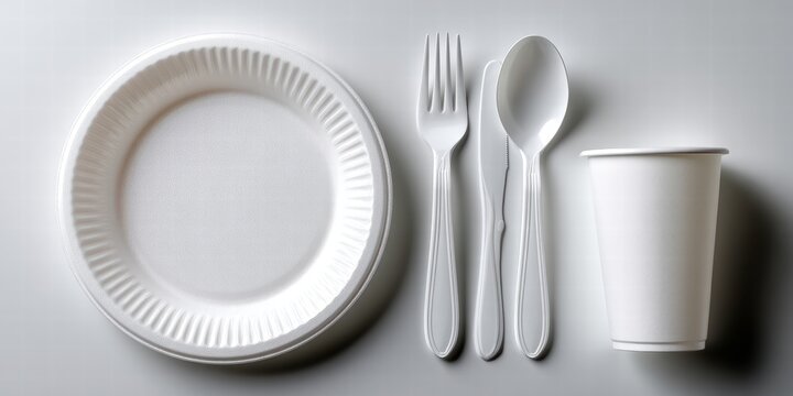 An overhead view of disposable tableware, ready for a picnic or outdoor event. The items include a plate, fork, spoon and cup.