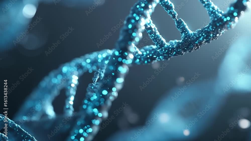 Poster dna strand close up glowing blue particles technology hud loops create futuristic science molecular 