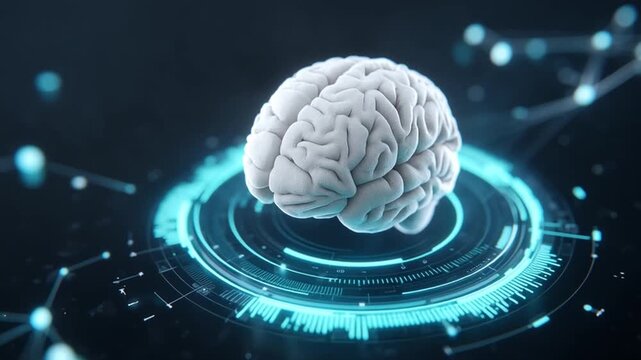 Futuristic technology hud displays glowing brain model surrounded by digital loops and circuits representing advanced neural network and artificial intelligence concepts with glowing circular - Powered by Adobe