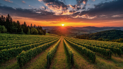Dramatic sunset over a lush vineyard in Tuscany, Italy