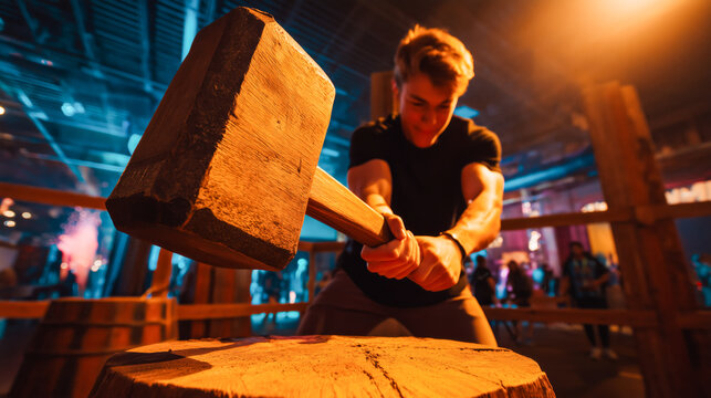 Young man swinging a large hammer at a high striker carnival game