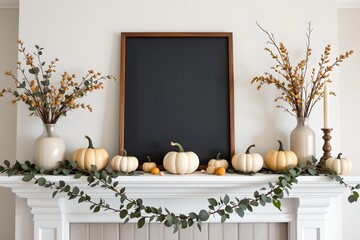 Neutraltoned fall mantel decor featuring pumpkins cozy living room home decor autumn vibes eye-level view seasonal aesthetics