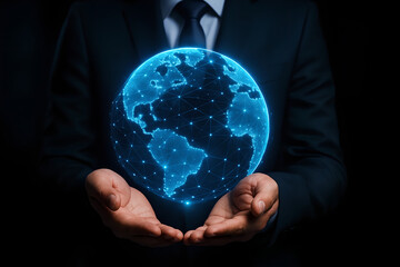Futuristic Global Network Concept – Digital Earth Hologram in Businessman’s Hands