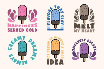 Sweet Ice Cream Quotes Sticker Set. Fun and Colorful Dessert Typography Illustrations