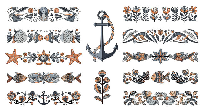Decorative nautical border designs featuring sea life and maritime symbols for creative projects and crafting