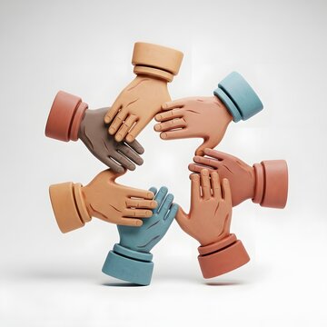 Diverse hands clasped together in a circle, symbolizing unity and teamwork.