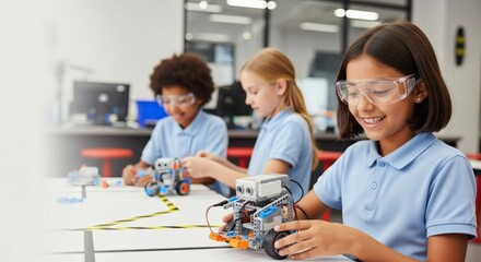 Elementary school students in a classroom, engaged in a robotics activity, working on small robots.