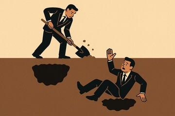 Biznesmen wpadający we własną pułapkę . ilustracja przedstawiająca znane powiedzenie  "Kto pod kim dołki kopie ten sam w nie wpada".