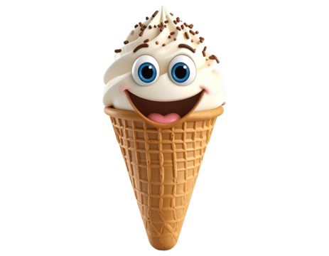 Smiling ice cream cone with cartoonish eyes and mouth