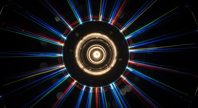 Abstract Light Trails Radiating from a Central Bulb in Circular Pattern on Black Background