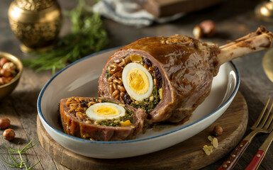 National dishes of Bahrain - Kuzi (gozi) - slow-roasted lamb stuffed with fried nuts, raisins, eggs, vegetables and rice