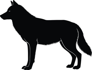 Silhouette of a standing wolf, black wild animal illustration, isolated wolf shape vector, side profile canine figure, wild predator artwork for design use