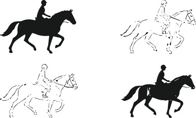 Silhouette and outline illustrations of horse riding, equestrian sport, horseback rider art, black and white vector style, competition and training scene design elements.