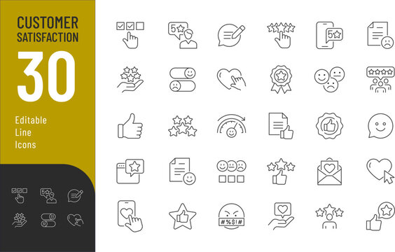 Customer Satisfaction Editable Icons set. Vector illustration in modern thin line style of feedback related icons: experience, five stars, review, and more. Isolated on transparent background.
