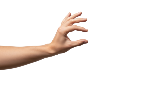 Clean, light-skinned adult male hand and forearm, fingers delicately curled for an unseen object, against a pristine transparent background with copy space, soft shadowless studio light, concept of